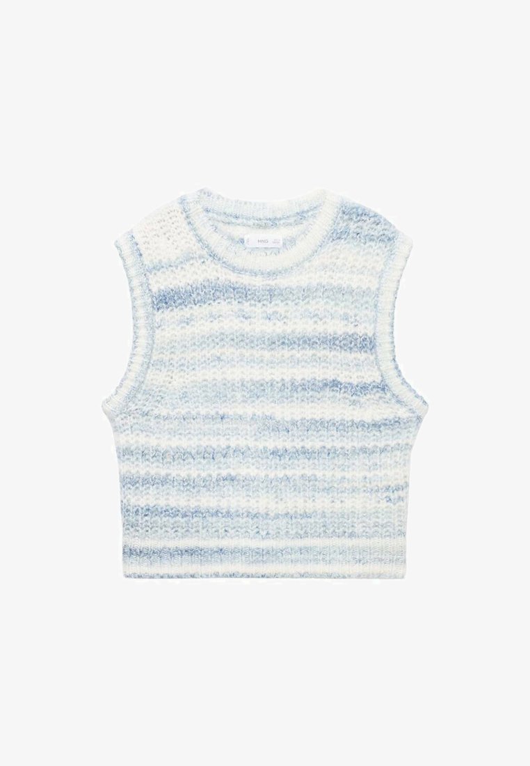 Stickad ärmlös topp i ljusblå och vita ränder. Har en rund halsringning och textil med en mjuk känsla.