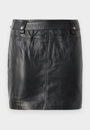 Black faux leather mini skirt with belt loops and visible vertical and horizontal stitching on a plain background.