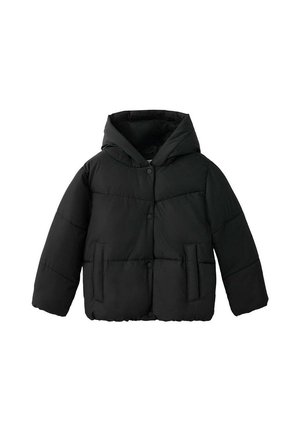 Schwarze Steppjacke mit Kapuze, vorderen Druckknöpfen, langen Ärmeln und zwei vertikalen Seitentaschen, auf weißem Hintergrund dargestellt.