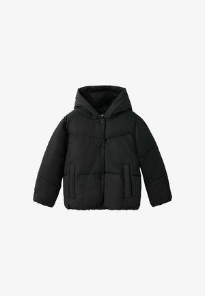 Schwarze Steppjacke mit Kapuze, vorderen Druckknöpfen, langen Ärmeln und zwei vertikalen Seitentaschen, auf weißem Hintergrund dargestellt.