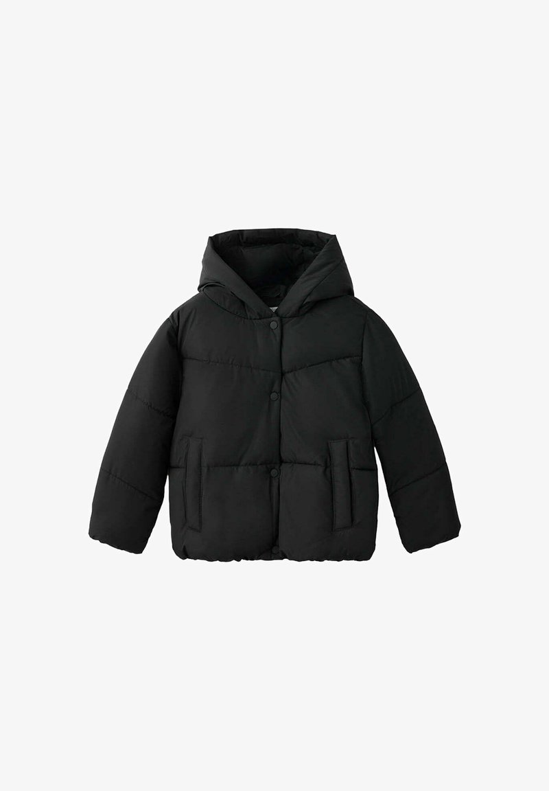 Doudoune noire avec capuche, boutons-pression à l'avant, manches longues et deux poches latérales verticales, présentée sur fond blanc.