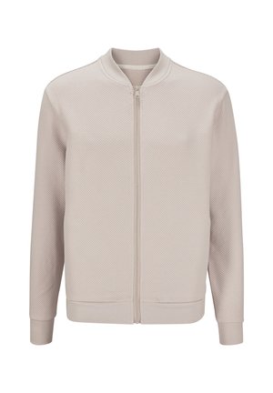 Light beige textured bomber jacket with a front zipper, ribbed collar, cuffs, and hem. Features a subtle diamond pattern.