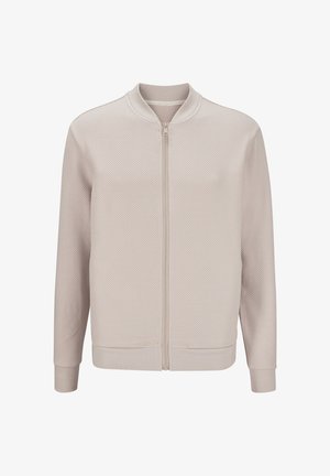Hellbeige strukturierte Bomberjacke mit einem Reißverschluss auf der Vorderseite, geripptem Kragen, Bündchen und Saum. Verfügt über ein dezentes Rautenmuster.