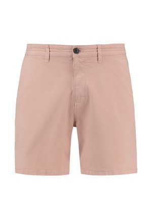 Roze casual shorts van lichtgewicht stof, met knoopsluiting, riemlussen en elastische zoom. Eenvoudig ontwerp zonder patronen.