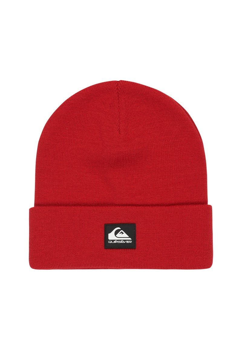 Red knit beanie with folded cuff and black rectangular patch featuring white Quiksilver logo on the front.