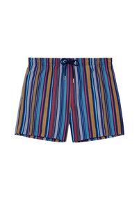 Herren-Badeshorts mit vertikalen Streifen in Blau, Rot, Senfgelb und Weiß, ausgestattet mit einem elastischen Bund und einem dunkelblauen Kordelzug.