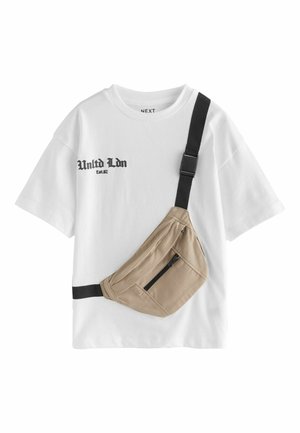 White t-shirt with black "Unltd Ldn" print, paired with a beige sling bag featuring a zip pocket and adjustable black strap.