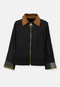 Jaqueta preta com colarinho de veludo cotelê castanho, fecho de correr dourado e punhos xadrez com detalhes em verde e amarelo. Design casual com bolsos laterais.
