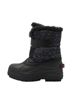 Schwarzer Winterstiefel mit einer strukturierten Gummisohle, weichem Kunstpelzbesatz und einem gemusterten Textiloberteil, das eine Vielzahl kleiner weißer Formen zeigt.