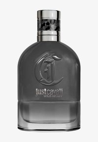 A sleek gray perfume bottle with a metallic cap, featuring an embossed logo and the text “Just Cavalli Wild Heart” prominently displayed.