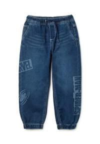 Blauwe denim joggerbroek met elastische tailleband en trekkoord. Heeft bedrukte 'Spider-Man' en 'Marvel' logo's in lichtgrijs.