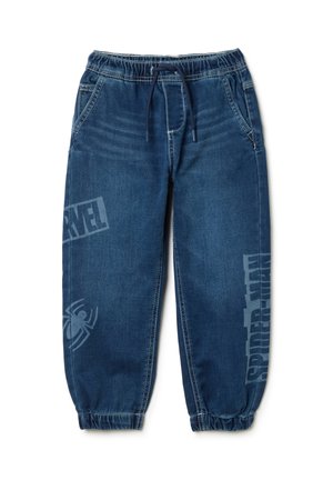 Blauwe denim joggerbroek met elastische tailleband en trekkoord. Heeft bedrukte 'Spider-Man' en 'Marvel' logo's in lichtgrijs.
