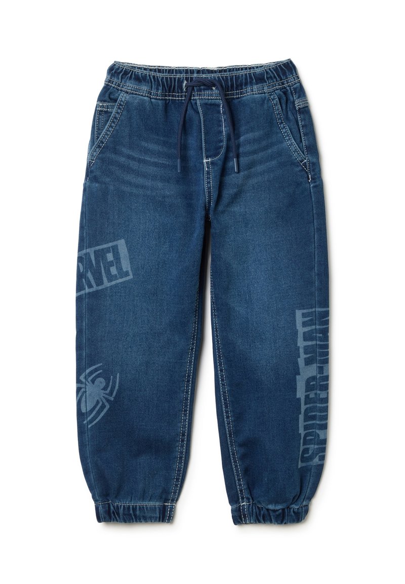 Blauwe denim joggerbroek met elastische tailleband en trekkoord. Heeft bedrukte 'Spider-Man' en 'Marvel' logo's in lichtgrijs.