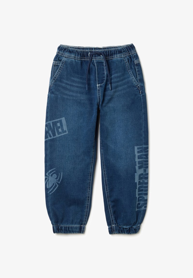 Pantalones jogger de denim azul con cintura elástica y cuerda de ajuste. Presenta los logotipos impresos de "Spider-Man" y "Marvel" en gris claro.