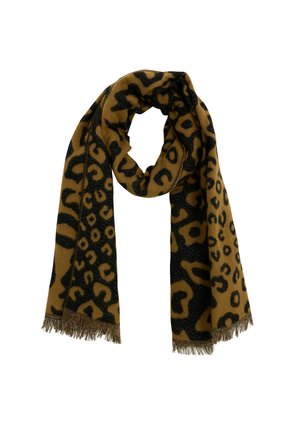 Bufanda con estampado de leopardo que presenta una combinación de colores marrón y negro, hecha de un material suave con bordes deshilachados y un ligero brillo.