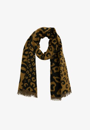 Écharpe à motif léopard avec une palette de couleurs brune et noire, en matériau doux, avec des bords frangés et un léger éclat.