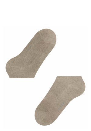 Beige Söckchen, die aus einem glatten, strukturierten Stoff gefertigt sind, mit einer abgerundeten Zehenpartie und verstärktem Fersenbereich. Sie verfügen über ein dezentes Markenlogo in hellblau.