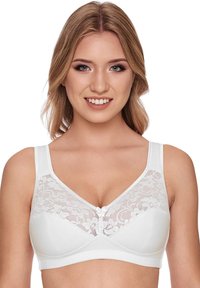 White bra with lace detailing on the cups, a floral pattern, and broad straps. Features a decorative bow at the center. Smooth fabric texture.