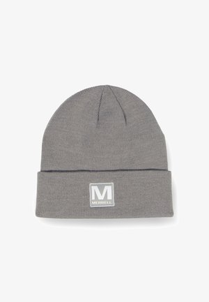 Gray knit beanie with a folded cuff, featuring a square logo patch with a stylized "M" and the brand name "MERRELL" in white.