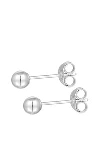 Sølvstud øreringe med et glat, rundt kugledesign, slank post og cirkulære bagsider. Skinnende metallisk finish.