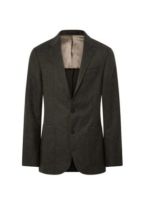 Blazer en chevrons gris foncé avec un revers cranté, deux poches avant, deux boutons et une doublure lisse de couleur claire.