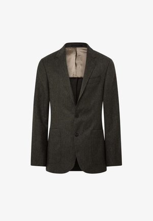 Donkergrijze visgraatblazer met een geknipte revers, twee voorzakken, twee knopen en een gladde lichtgekleurde voering.