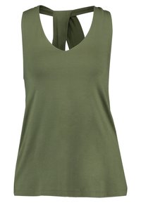 Olivgrön ärmlös topp med djupt V-hals och korsade ryggband. Tillverkad av mjukt tyg med avslappnad passform, utan dekorationer.