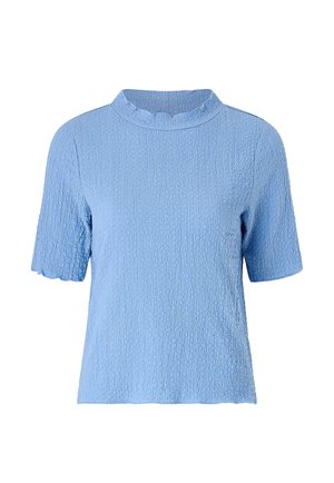 Hellblaues strukturiertes Kurzarmoberteil mit subtiler geraffter Stehkragen und Saum, dargestellt auf weißem Hintergrund.