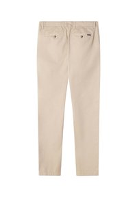 Pantalon en coton beige à coupe droite, deux poches arrière et détails à boutons. Texture lisse avec un design classique et une coupe ajustée.