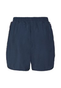 Shorts de sport bleu marine avec taille élastique et bordure en pompons blancs le long des côtés et des bords inférieurs.