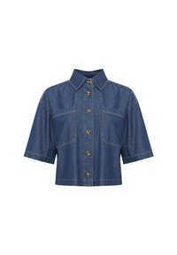 Beskåret blå denimskjorte med korte ærmer, spidse krave, seks-knap frontlukning og to frontlommer. Syningen kontrasterer med stoffet.