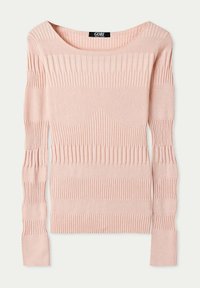 Ljusrosa ribbad tröja med långa ärmar, vid halsringning och varierande randmönster. Tillverkad av ett mjukt, strukturerat material.