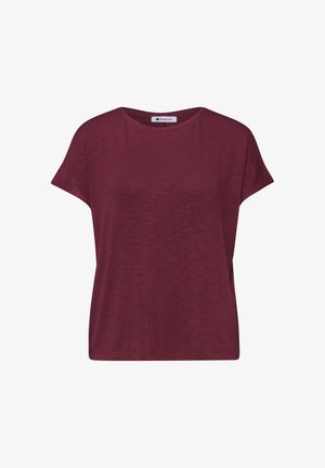 Haut bordeaux à manches courtes avec col rond, coupe décontractée et texture unie, étiqueté "Street One" à l'intérieur du col.