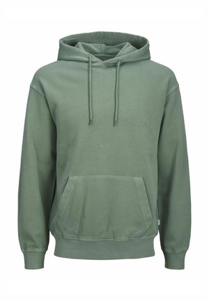 Felpa in cotone verde con tasca frontale, cappuccio regolabile, maniche lunghe e vestibilità comoda; presenta una texture liscia e un design minimalista.