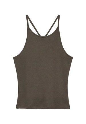 Débardeur sans manches vert olive foncé avec fines bretelles doubles et un col haut sur fond blanc.