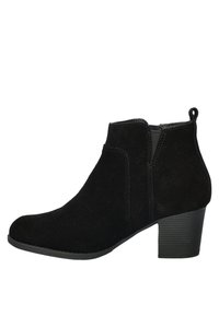 Black suede ankle boots with a rounded toe, elastic side panels, and a textured block heel. Minimal stitching and a pull tab at the back.