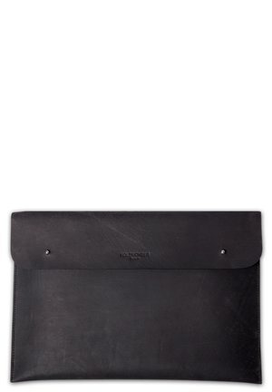Black leather envelope-style bag with a smooth texture, featuring a button closure and embossed logo. Simple rectangular design, no visible patterns.