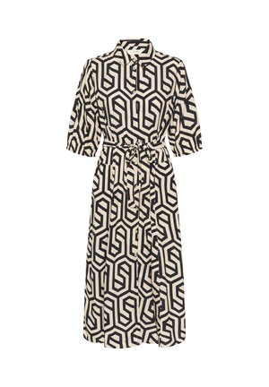 Kremowa sukienka na guziki z czarnym geometrycznym wzorem, krótki rękaw, pasek w talii i długość midi. Gładka faktura, casualowy design.