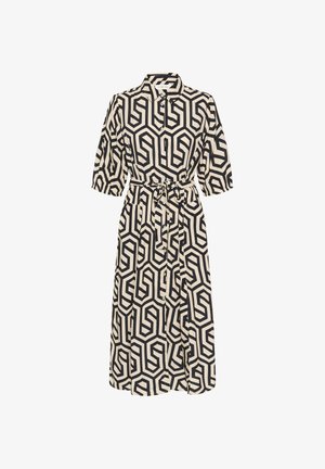 Kremowa sukienka na guziki z czarnym geometrycznym wzorem, krótki rękaw, pasek w talii i długość midi. Gładka faktura, casualowy design.