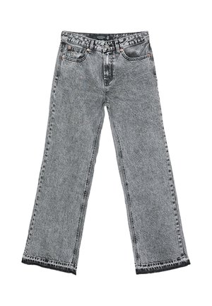 Wijdbeenjeans in zwart-wit zuurwasdenim met een rafelige zoom, voorzien van een vijf-pocket ontwerp en metalen hardwareaccenten.