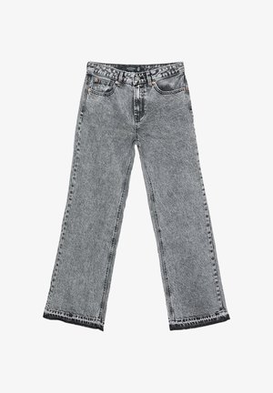 Weite Jeans in schwarz-weißer Acid-Wash-Denim mit fransigem Saum, ausgestattet mit einem Fünf-Taschen-Design und Metallhardware-Details.