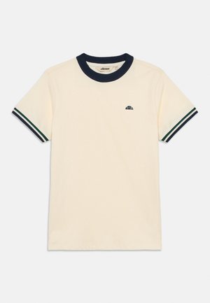 T-shirt cream de manga curta com gola canelada azul-marinho e detalhes risgados em azul-marinho e verde nas mangas; apresenta um pequeno logotipo azul-marinho.