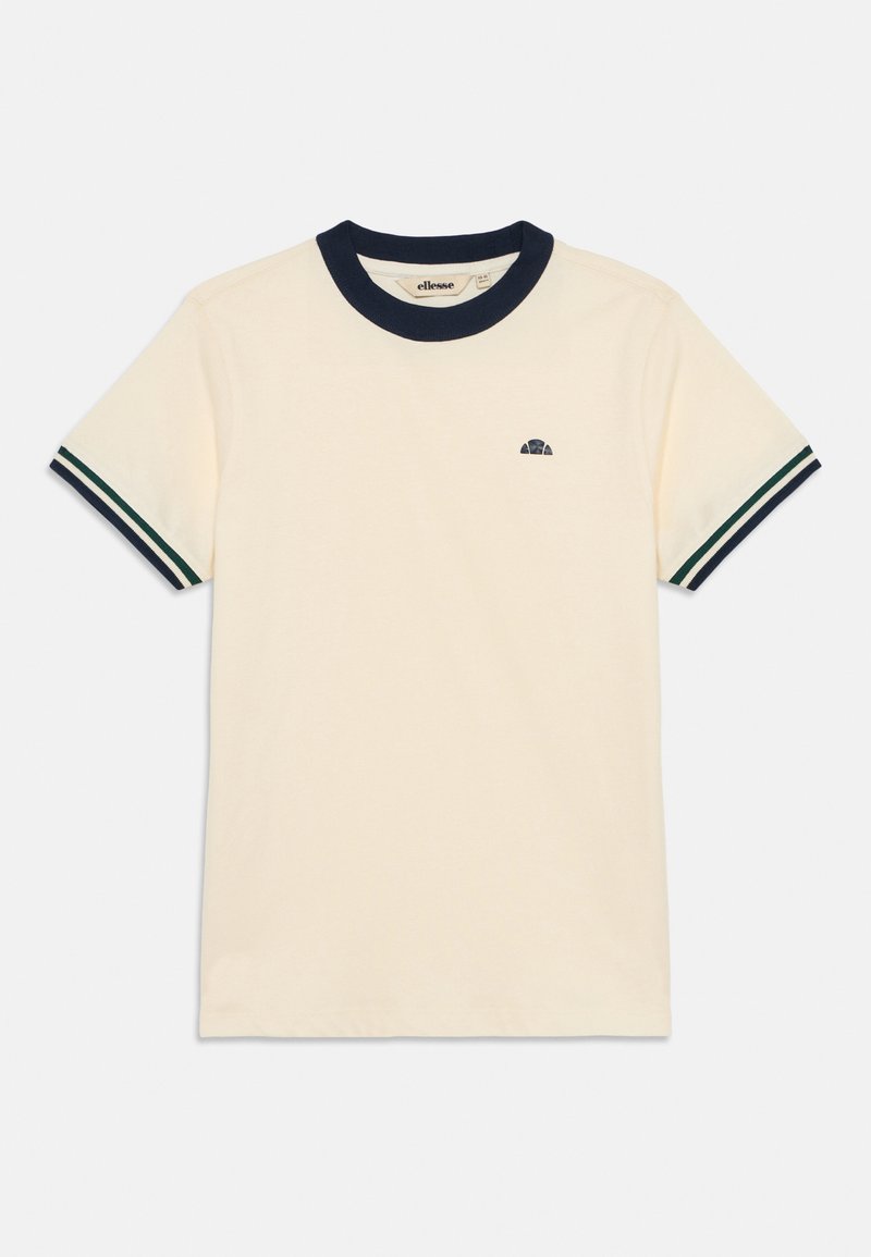 Kremkrāsas īsām piedurknēm T-krekls ar tumši zilā ribu apkakli un svītrainiem tumši zilas un zaļas krāsas akcentiem uz piedurknēm; ar mazu tumši zilu logotipu.