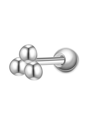 Boucle d'oreille barre métallique argentée avec trois extrémités sphériques reliées d'un côté et une seule extrémité sphérique de l'autre côté.