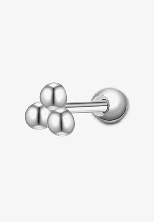 Boucle d'oreille barre métallique argentée avec trois extrémités sphériques reliées d'un côté et une seule extrémité sphérique de l'autre côté.