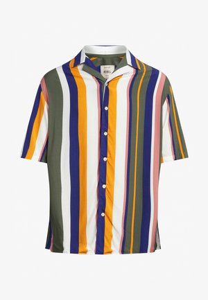 Short-sleeve button-up shirt with bold vertical stripes in green, blue, yellow, and pink, featuring a classic collar and lightweight fabric.