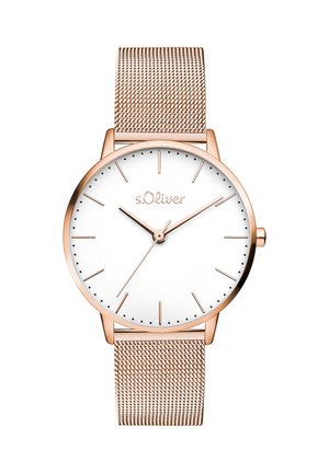 Rosaguldur ur med en hvid urskive, minimalistisk design og tynde timeangivelser. Har en mesh metalrem med en sikker lås.