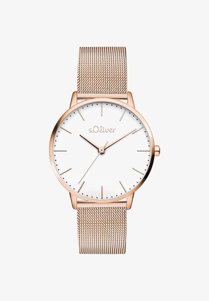Rosa vergoldete Uhr mit weißem Zifferblatt, minimalistischem Design und dünnen Stundenmarkierungen. Verfügt über ein Mesh-Metallarmband mit sicherem Verschluss.