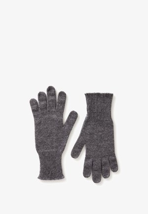Gants en tricot gris avec des poignets côtelés, présentant une texture lisse et un design à cinq doigts. Convient pour une utilisation par temps froid.