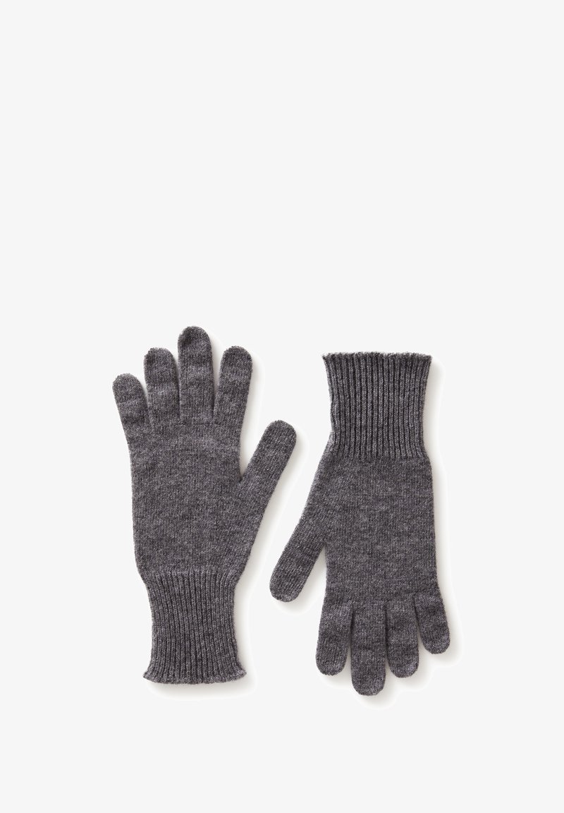 Szare dzianinowe rękawiczki z prążkowanymi mankietami, charakteryzujące się gładką teksturą i pięciopalczastym wzorem. Odpowiednie do noszenia w zimne dni.